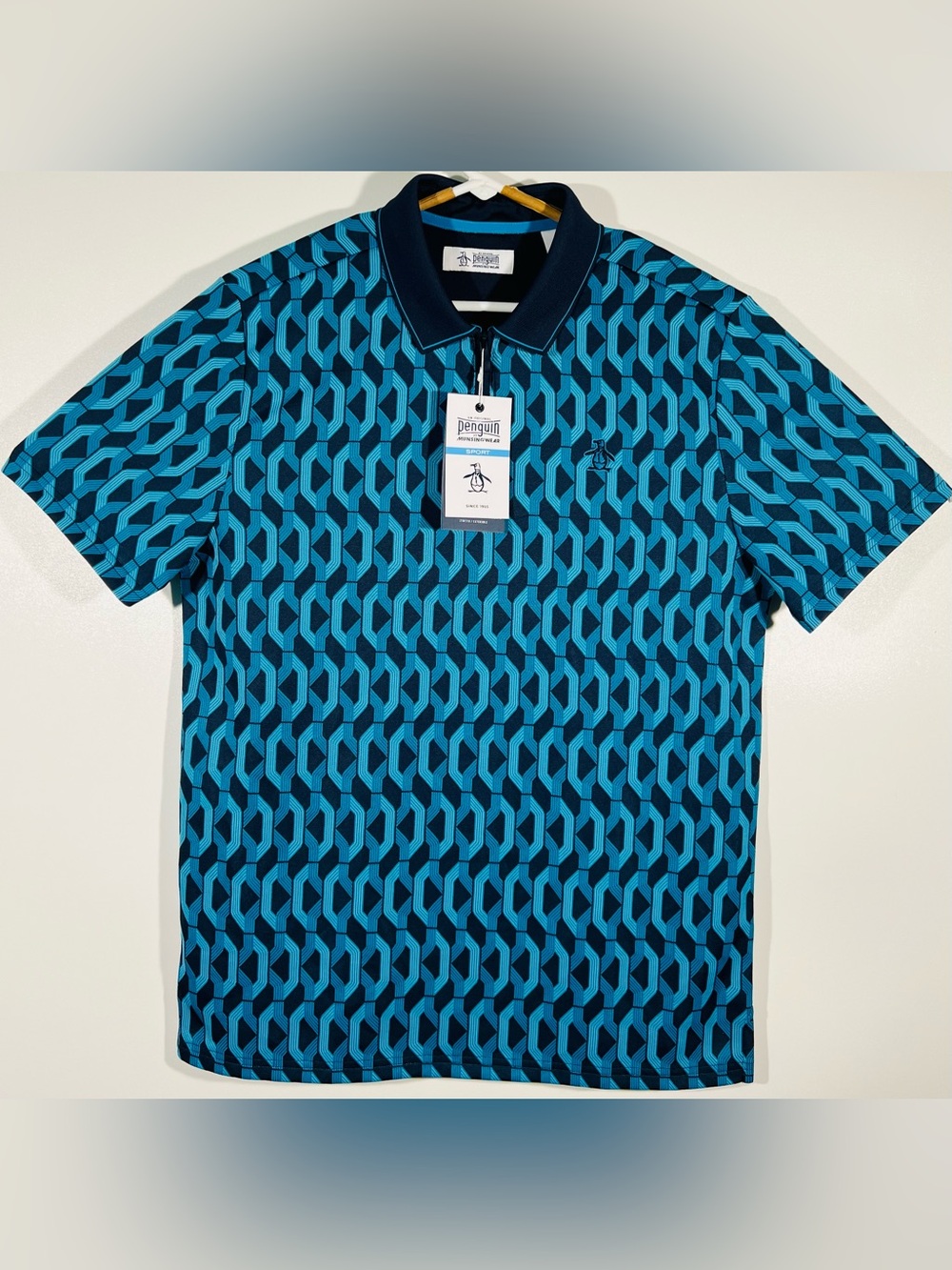 Original Penguin men's Heritage Jacquard Colour Block Golf Polo Black Iris Sz M